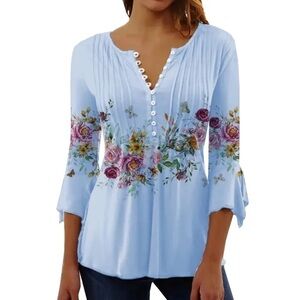 Butterfly Floral V Neck Button Top Light Blue XL